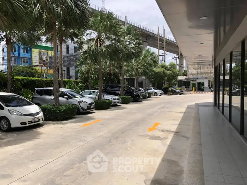 Spacious parking area with palm trees and modern building exterior