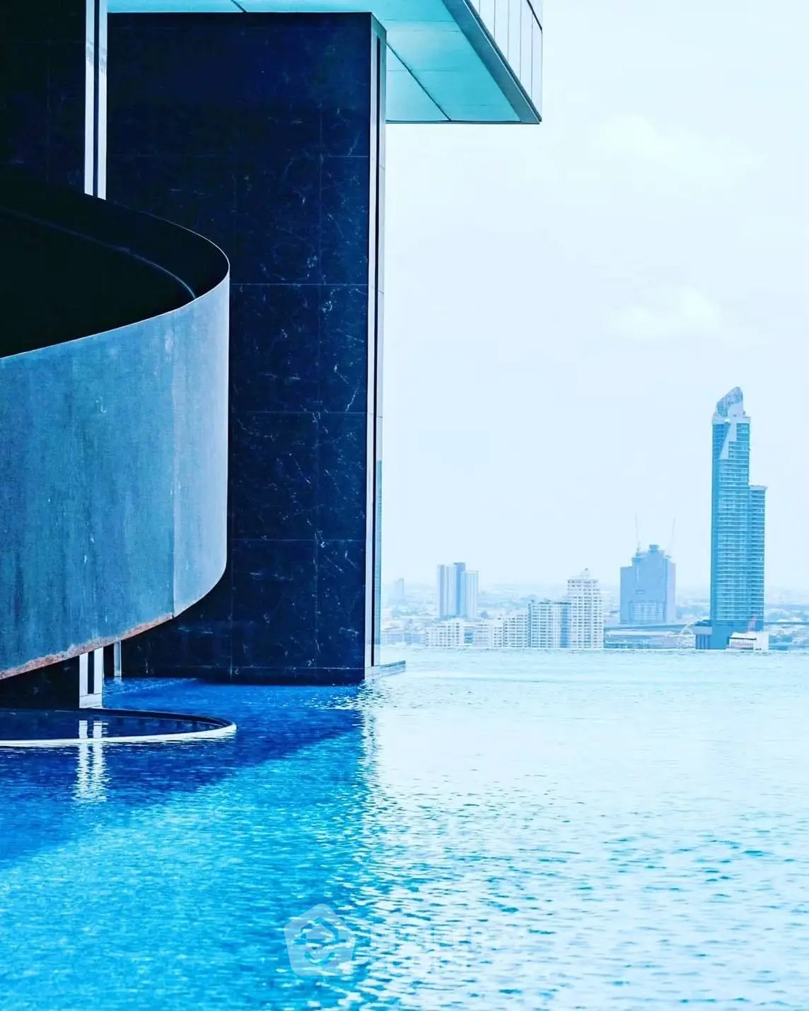 Luxurious infinity pool with stunning city skyline view from high-rise building.