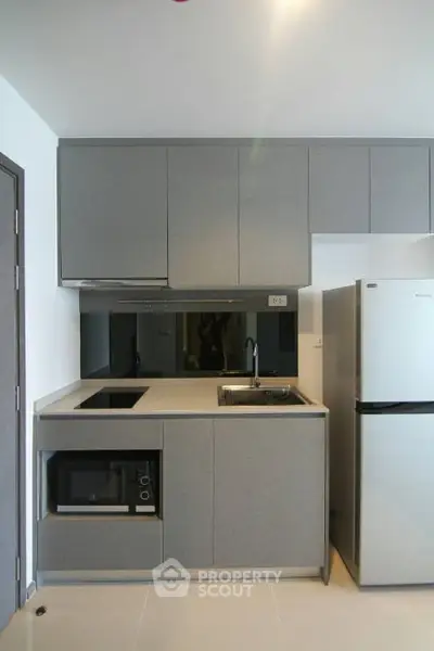Modern compact kitchen with sleek gray cabinets and stainless steel appliances.