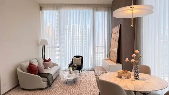 Luxurious modern living room with elegant decor and city view