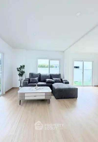 Spacious modern living room with large gray sectional sofa and natural light.