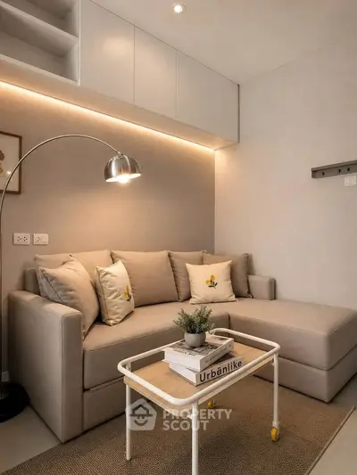 Cozy modern living room with stylish sofa and elegant lighting
