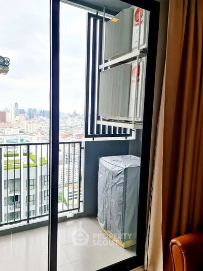Modern high-rise balcony with city view and air conditioning units, perfect for urban living.