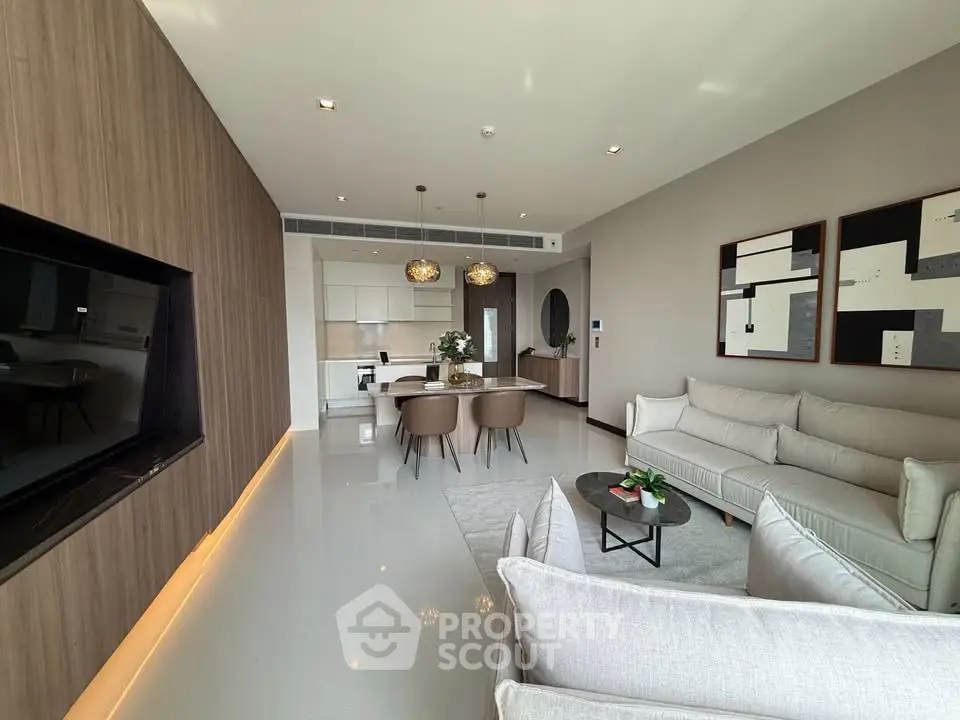 Luxurious modern living room with elegant decor and open kitchen layout