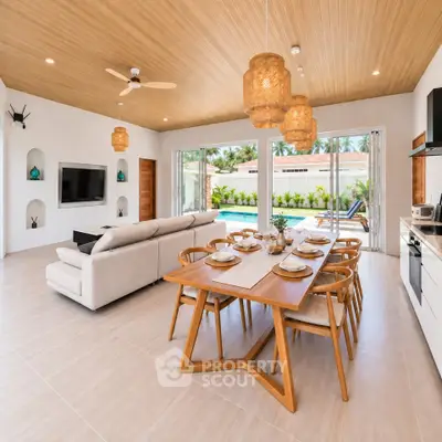 Spacious open-plan living room with modern dining area and garden view