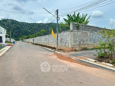Scenic view of a quiet residential street with lush greenery and mountain backdrop.