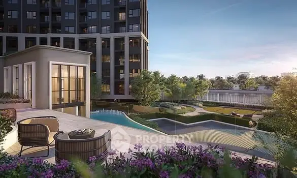 Luxurious modern apartment building with stunning pool and lush garden view, perfect for upscale living.