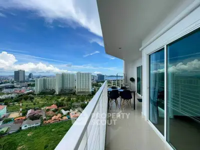 Stunning high-rise balcony with panoramic city views and modern outdoor seating.
