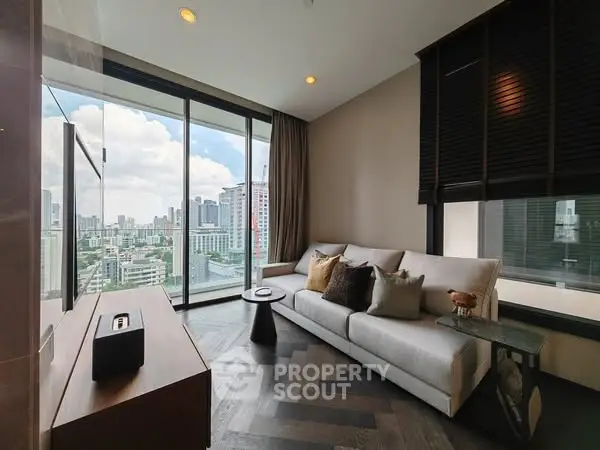 Modern living room with city view and stylish decor