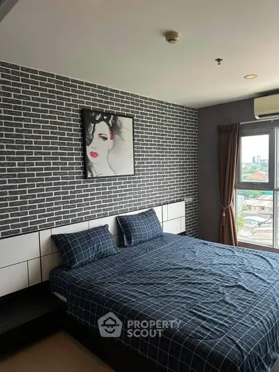 Modern bedroom with stylish brick accent wall and large window view