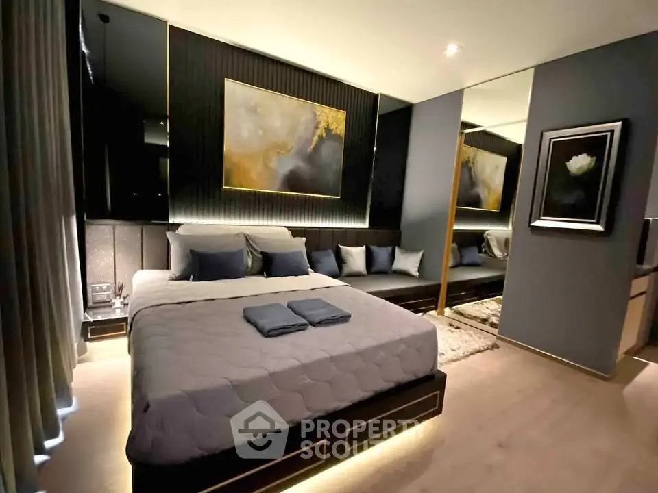 Luxurious modern bedroom with elegant decor and ambient lighting