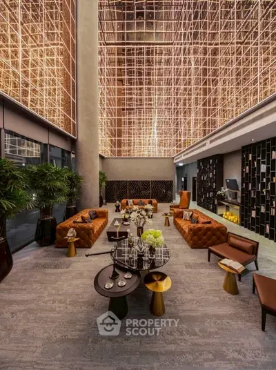 Luxurious modern living room with high ceiling and elegant decor