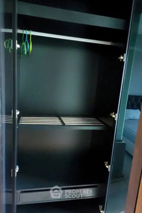 Spacious modern wardrobe with sleek black interior and hanging space, perfect for organized storage in a stylish bedroom.