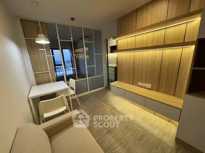 Modern living room with stylish wooden cabinetry and city view