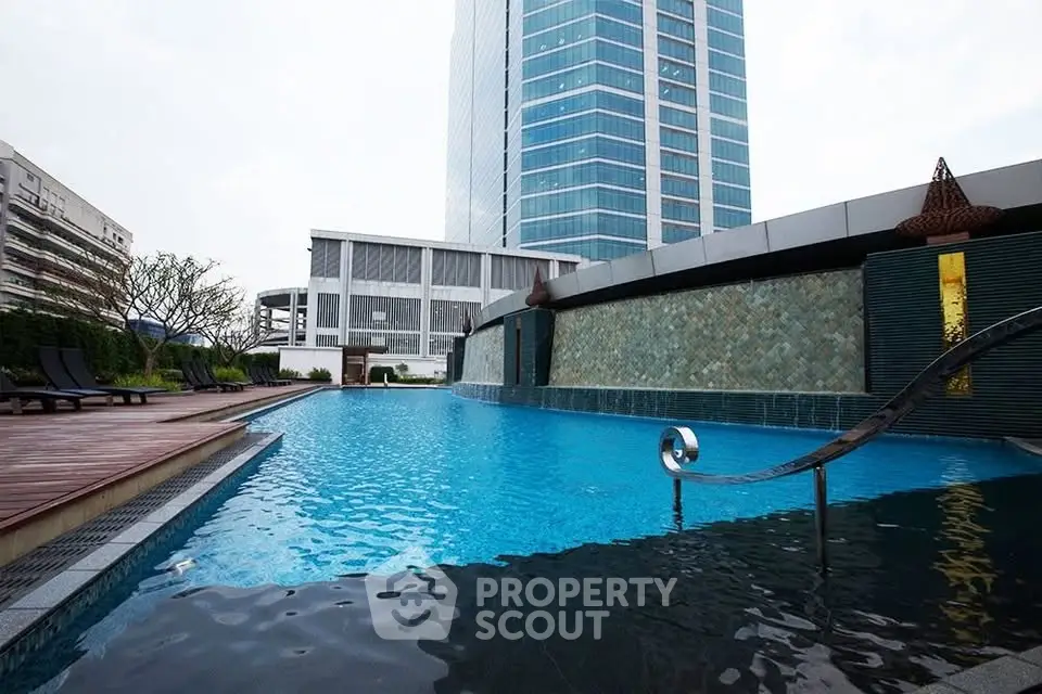 Luxurious rooftop pool with stunning cityscape views in modern high-rise building.