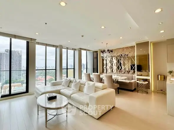 Luxurious modern living room with panoramic city views and elegant decor