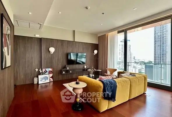 Luxurious living room with modern decor and stunning city view from large windows.