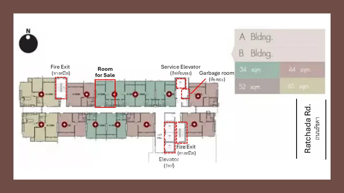 Floor plan of a residential building with room for sale and amenities marked.