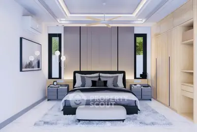 Luxurious modern bedroom with stylish decor and ample natural light