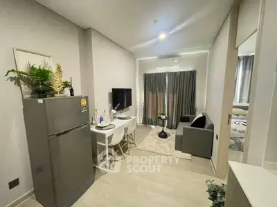 Modern compact living room with dining area and stylish decor