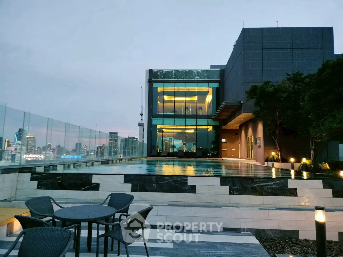 Luxurious rooftop pool with stunning city skyline view, perfect for relaxation and entertainment.