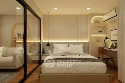 Modern bedroom with stylish decor and cozy ambiance, featuring a comfortable bed and elegant lighting.