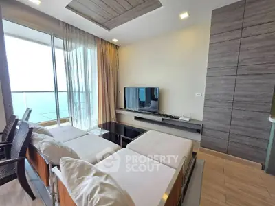 Modern living room with ocean view and stylish furniture