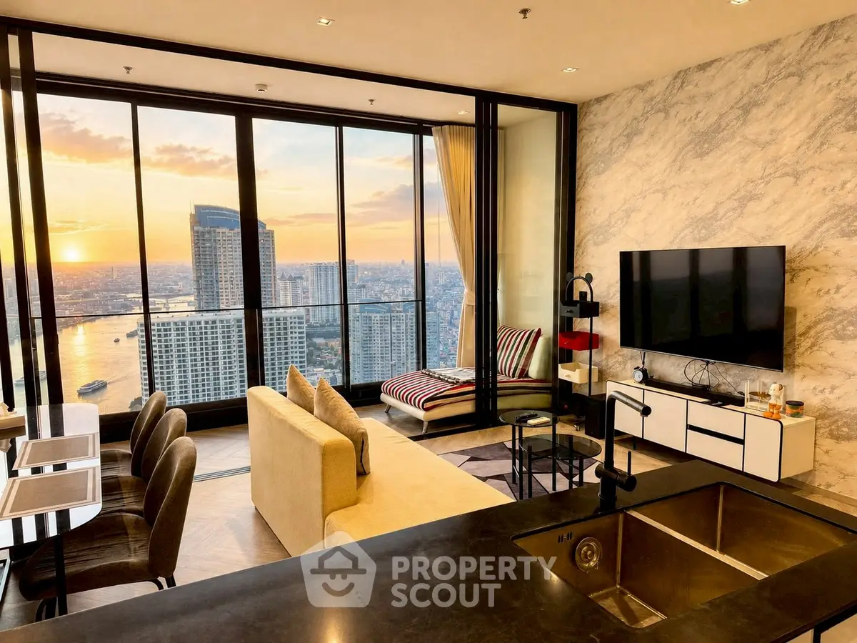 Luxurious living room with stunning city view and modern decor in high-rise apartment.