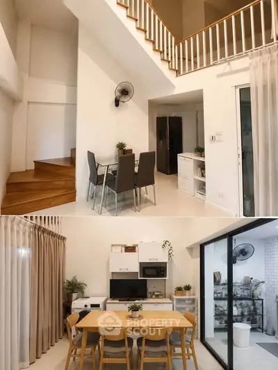 Modern duplex dining area with stylish furniture and open kitchen layout