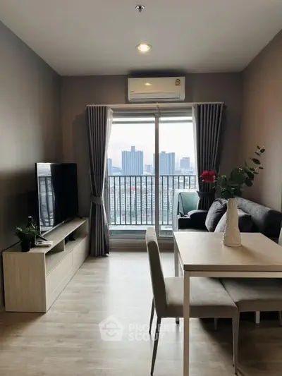 Modern living room with city view, stylish furniture, and natural light.