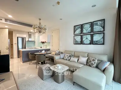 Luxurious modern living room with elegant decor and open kitchen layout