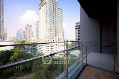 Spacious balcony with stunning cityscape view in modern high-rise apartment