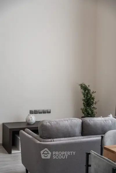 Modern living room with stylish gray sofa and minimalist decor