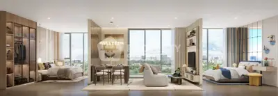 Luxurious open-plan living space with stunning city views, featuring elegant dining and cozy bedroom areas.