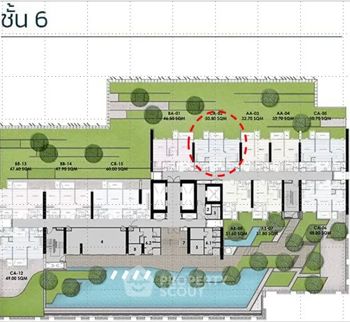 Detailed floor plan of a modern residential building with pool and garden areas.
