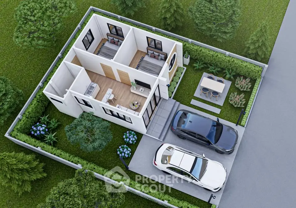 Modern single-story house with two-car driveway and lush garden