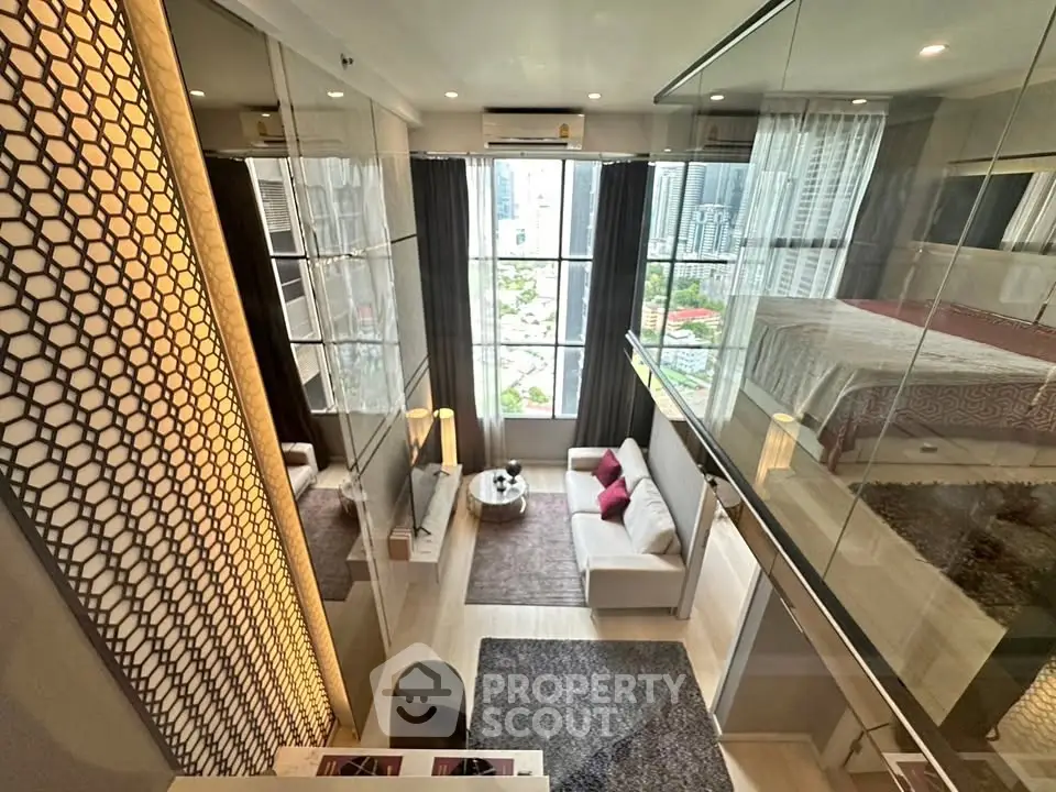 Luxurious modern living room with high ceilings and stunning city view