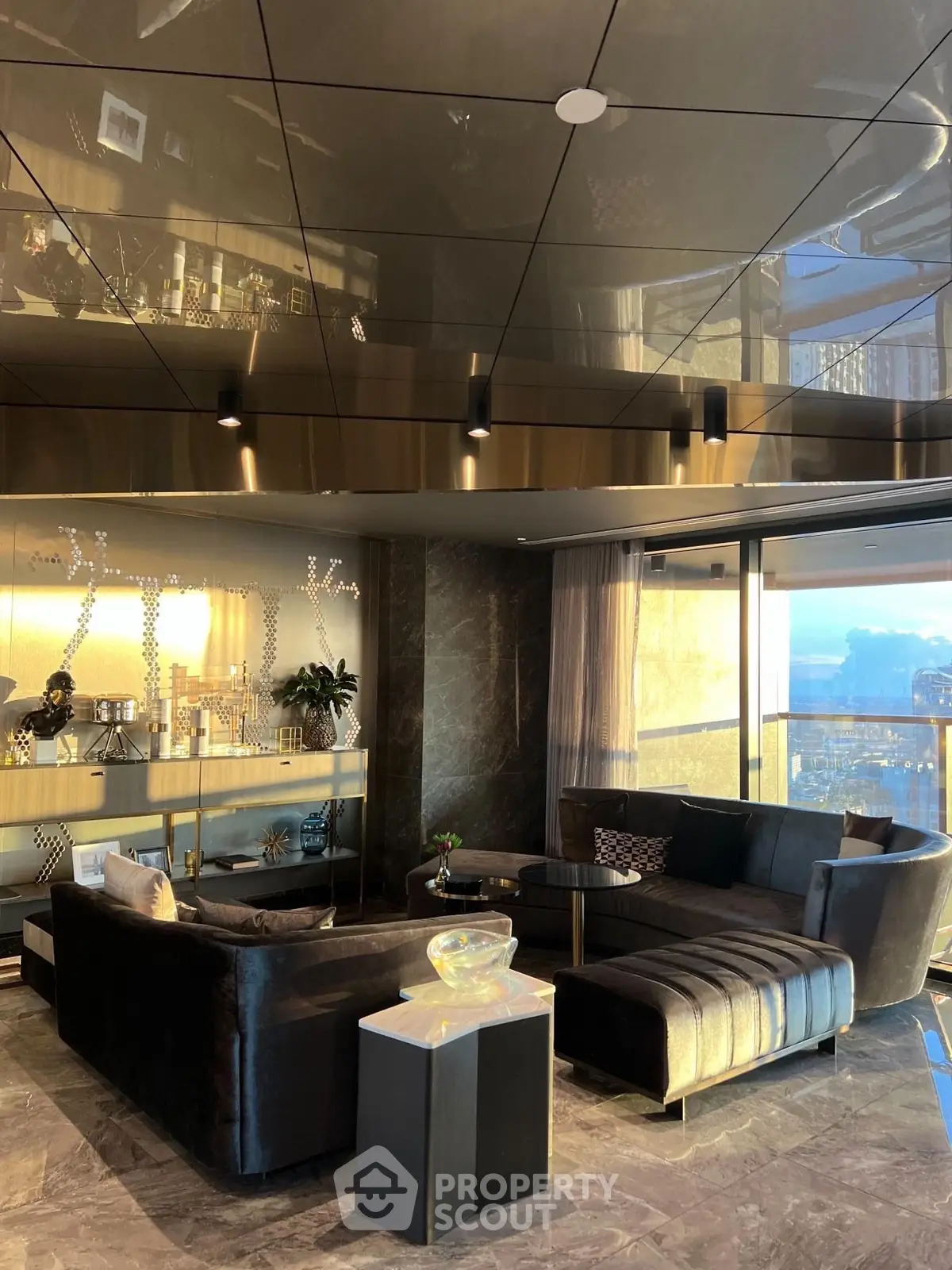 Luxurious modern living room with stunning city view and elegant decor