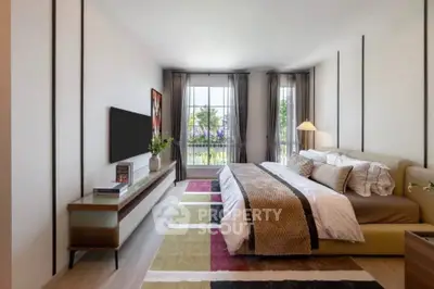 Luxurious bedroom with modern decor and large window view