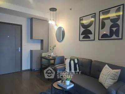 Modern living room with stylish decor and cozy seating area