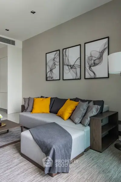 Modern living room with stylish decor and cozy seating area