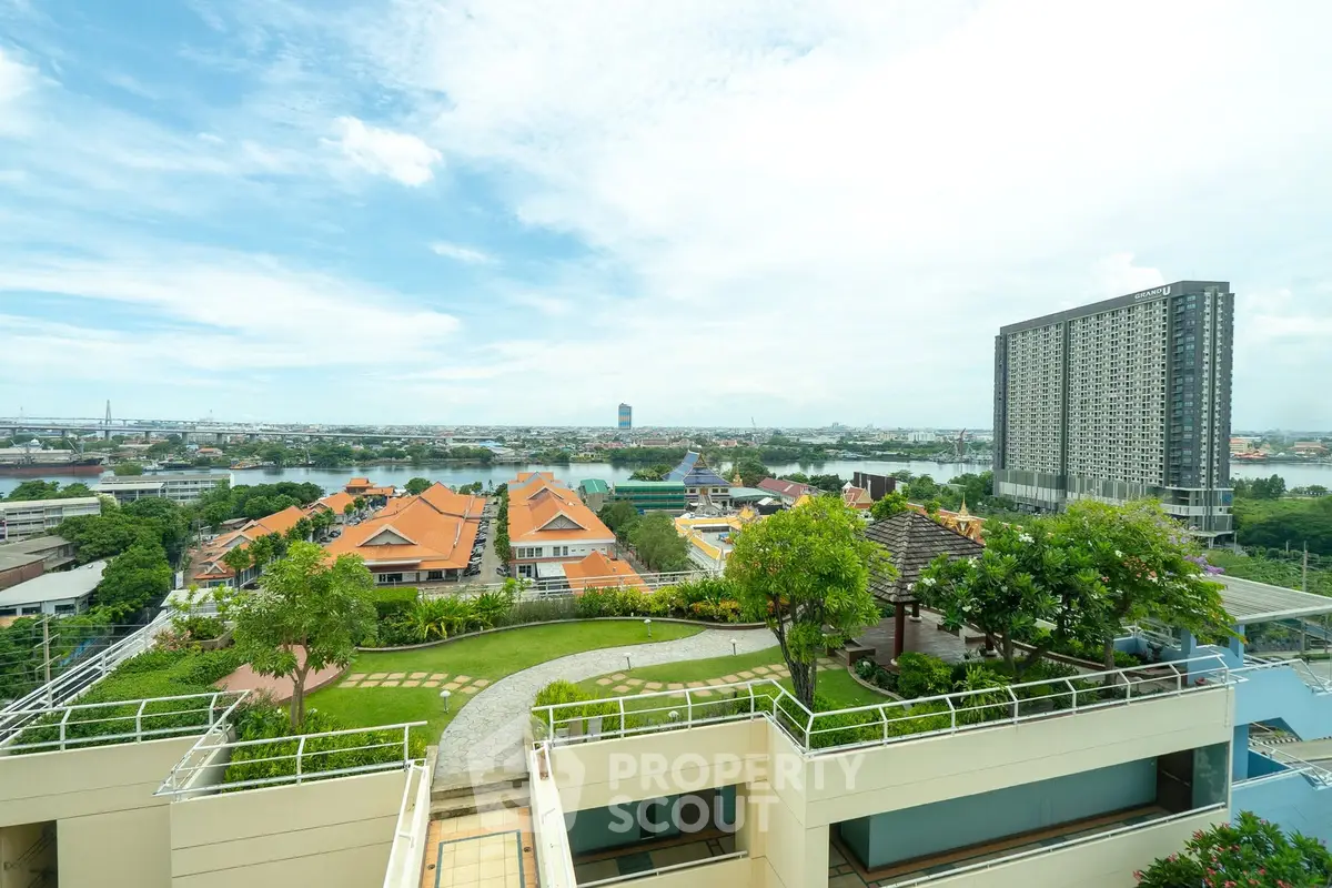 Stunning rooftop garden with panoramic city and river views, perfect for urban living.