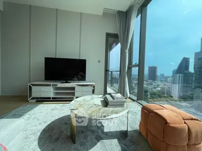 Modern living room with city view, stylish furniture, and large windows.
