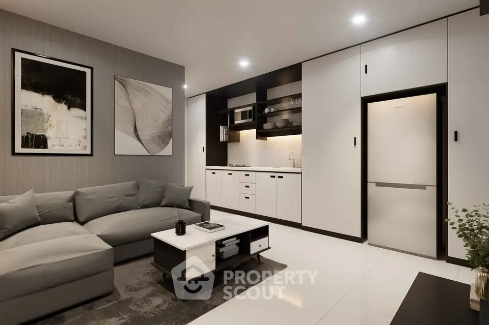 Modern living room with sleek kitchen and stylish decor