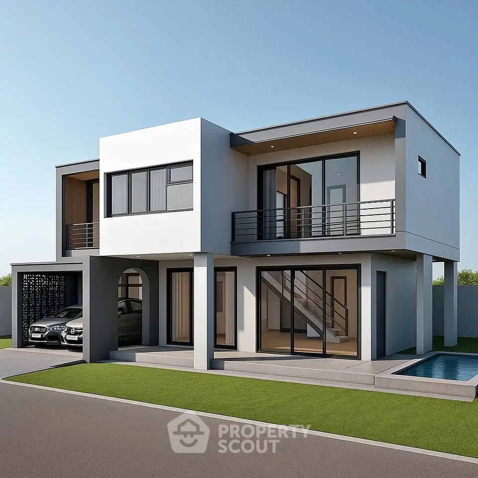 Modern two-story house with sleek design and pool in front yard