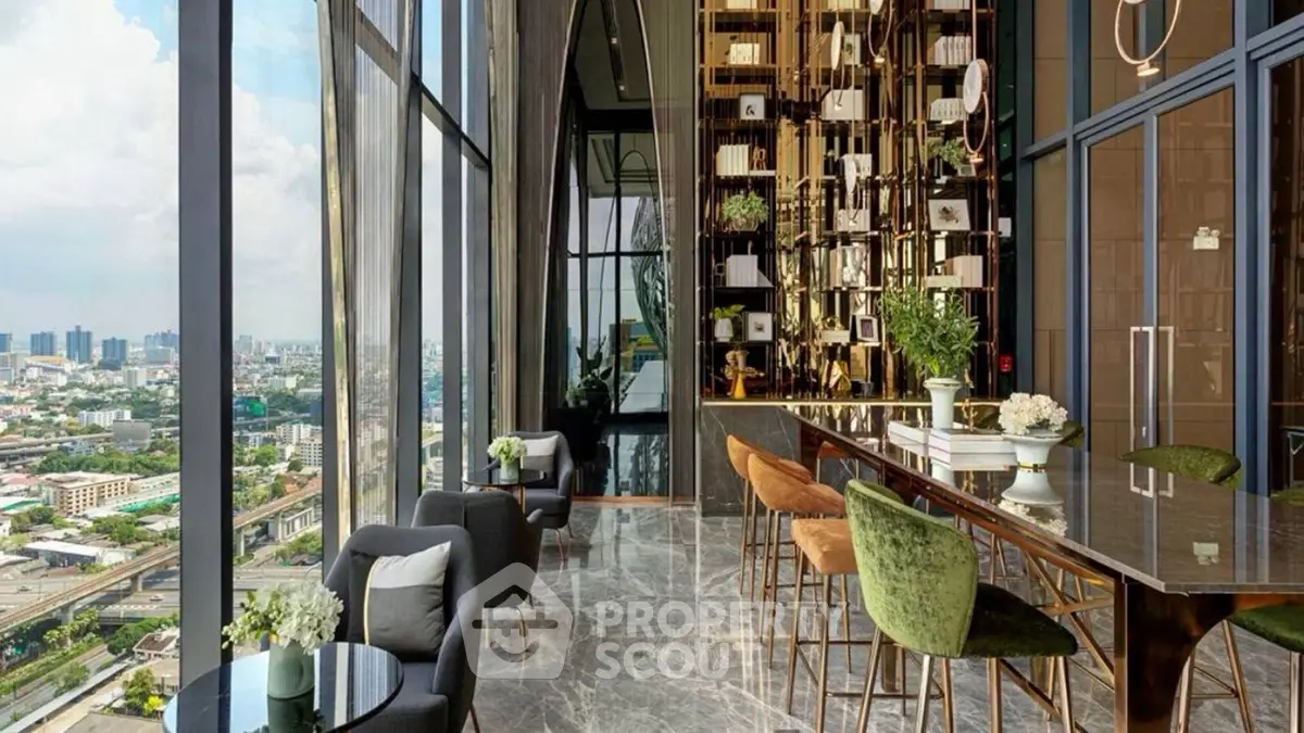 Luxurious high-rise living room with panoramic city views and elegant decor