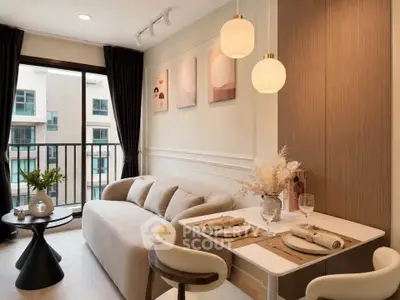 Chic modern living room with cozy dining area and balcony view