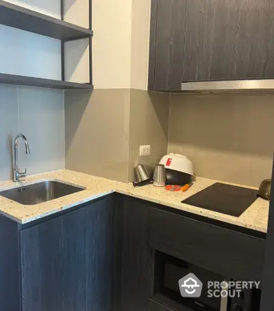 Modern kitchen with sleek dark cabinetry and electric cooktop