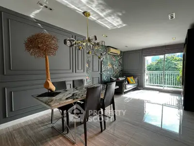 Stylish dining area with modern decor and balcony view in a chic apartment