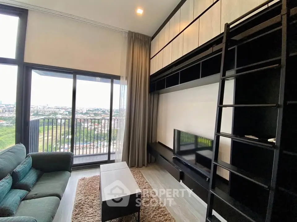 Modern living room with loft design and city view balcony